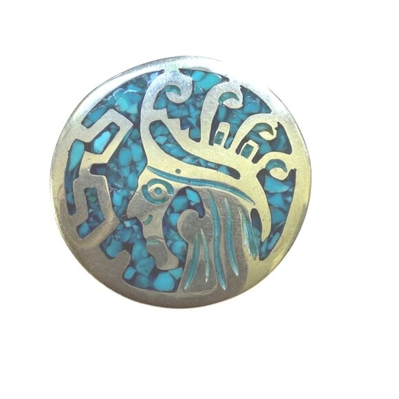Vintage Mexican Sterling Silver & Turquoise Inlay Aztec Round Brooch Pendant - Picture 2 of 5